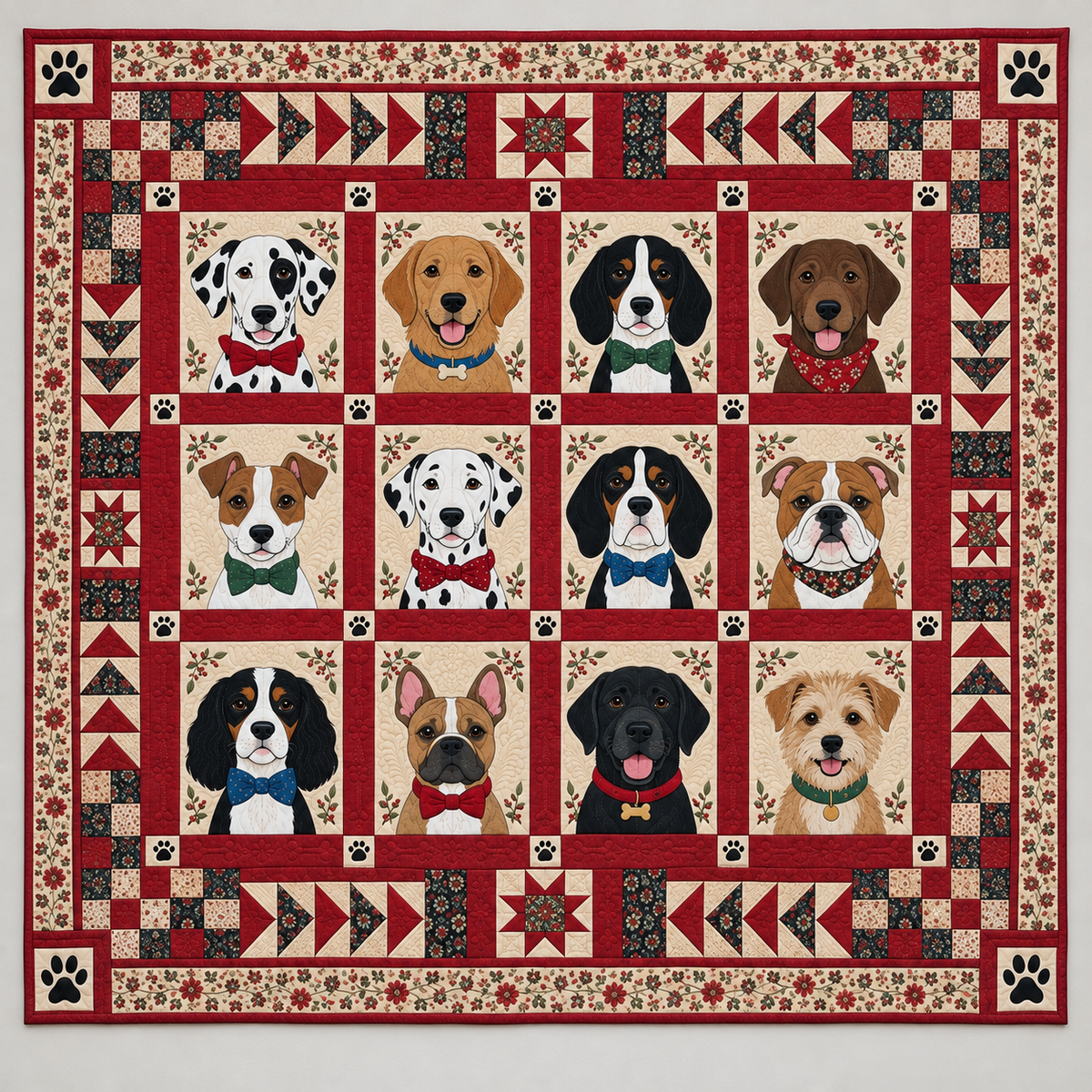 Dog Portraits In Red Patchwork TD141026014 Quilt Blanket