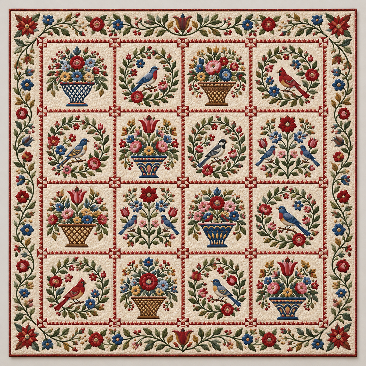 Folk Art Baskets Birds And Wreaths TD141026018 Quilt Blanket