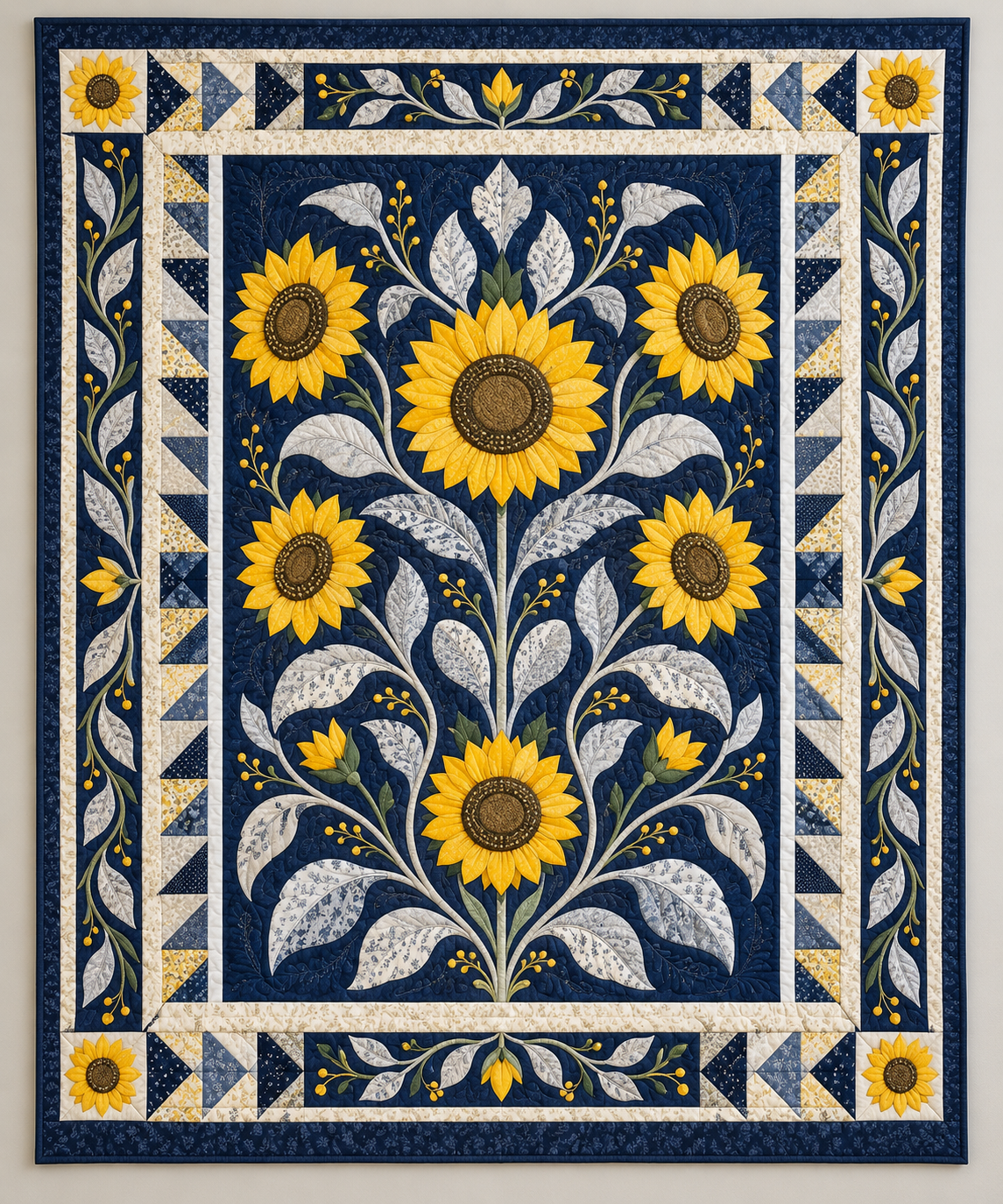 Sunflowers And Silver Leaves On Navy TD141026085 Quilt Blanket