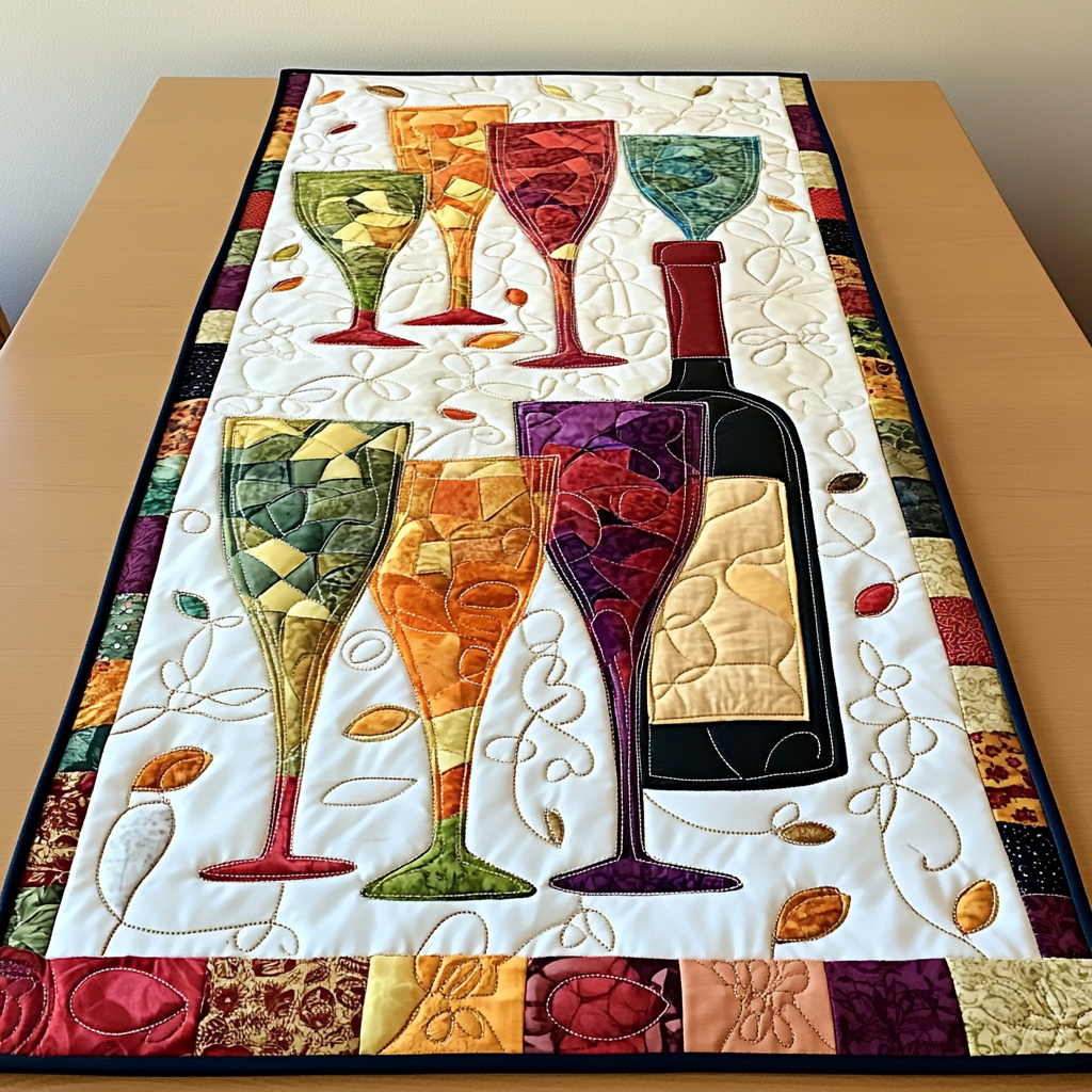 Wine Glass And Bottle DAI040225471 Quilted Table Runner