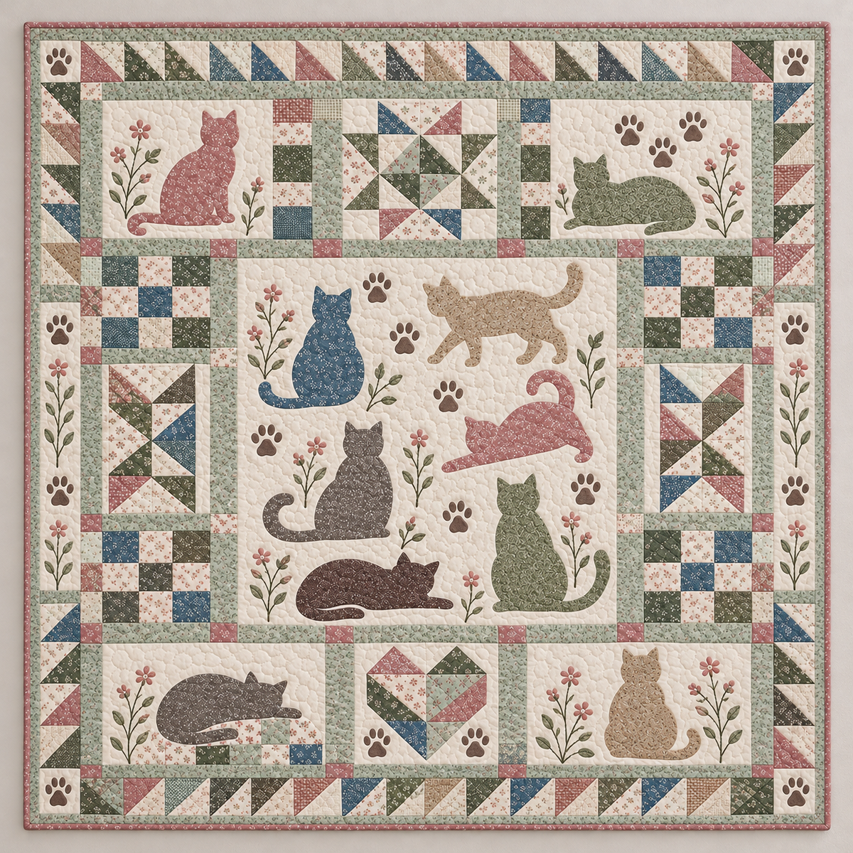 Pastel Cat Silhouettes And Paw Prints TD141026104 Quilt Blanket