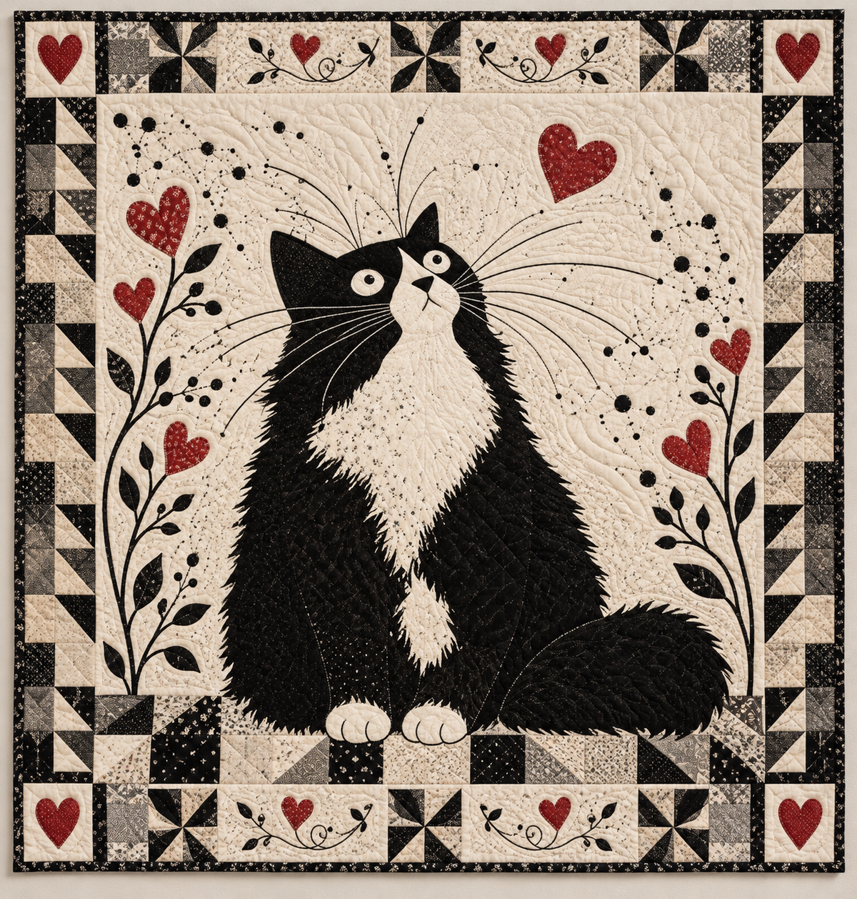Whiskered Tuxedo Cat And Red Heart TD141026121 Quilt Blanket