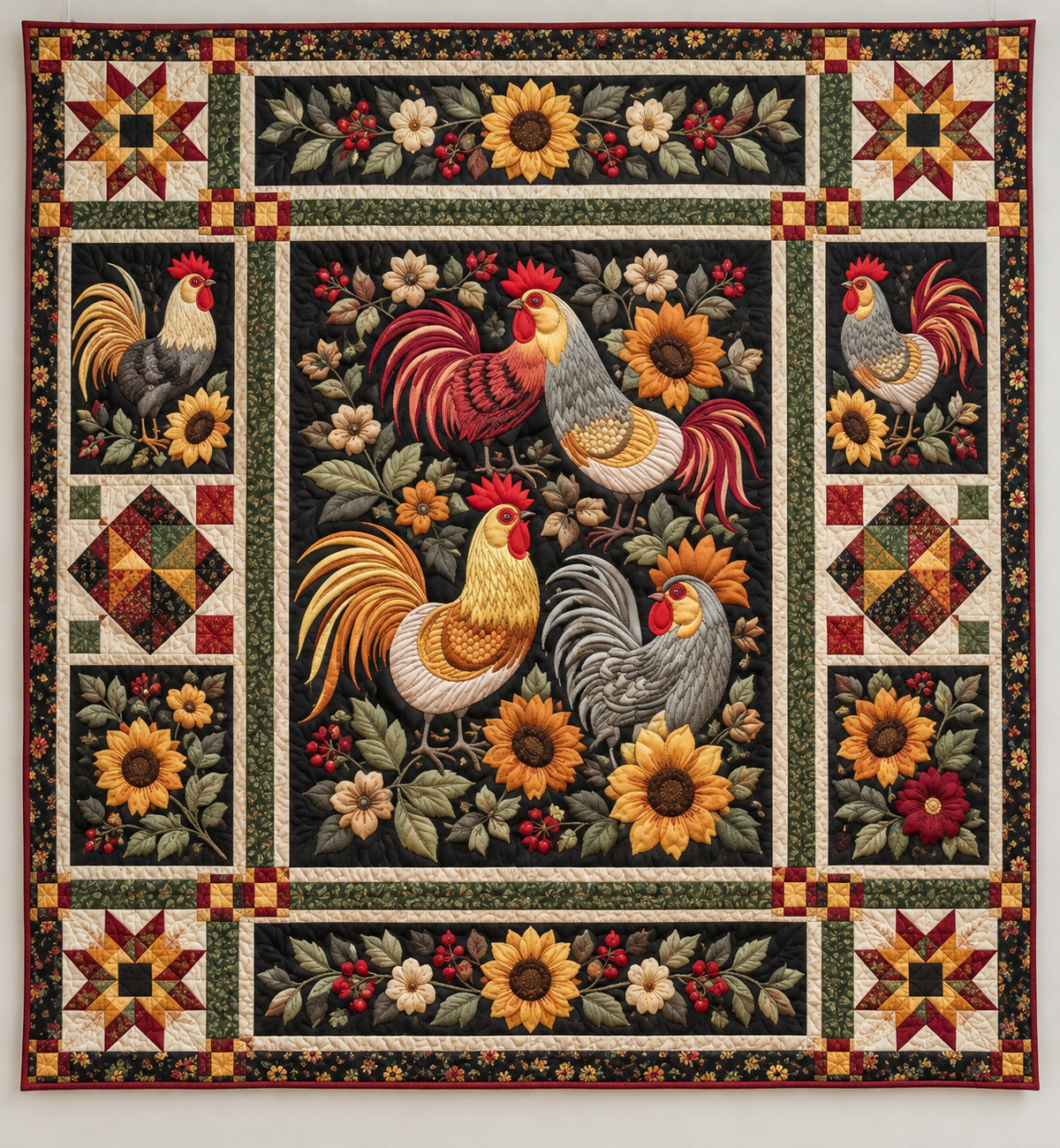 Roosters And Sunflowers at Midnight TD141026167 Quilt Blanket