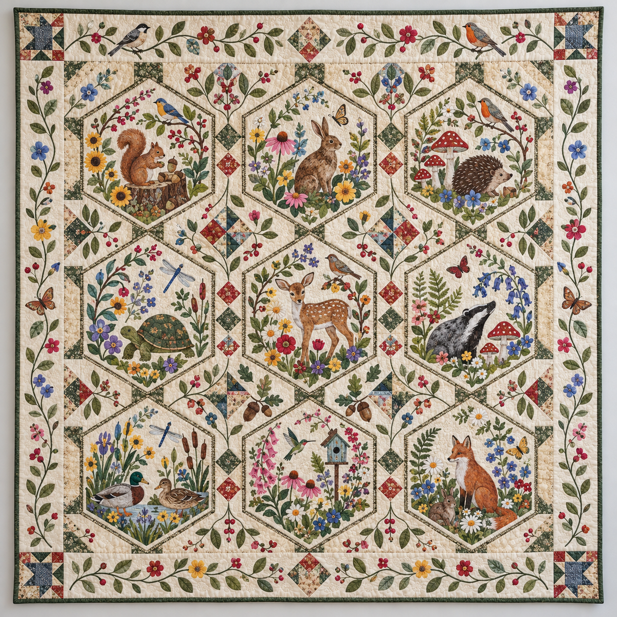 Woodland Animals In Garden Hexagons TD141026173 Quilt Blanket