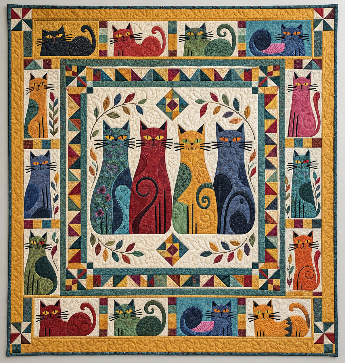 Tall Cats In Earth Tone Panels TD141026189 Quilt Blanket