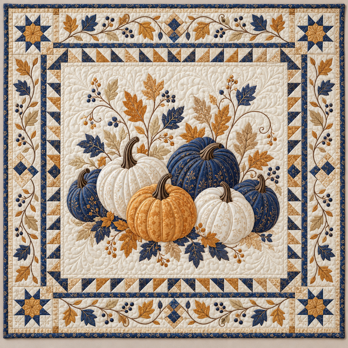 Autumn Navy Pumpkin Bouquet TD141026689 Quilt Blanket