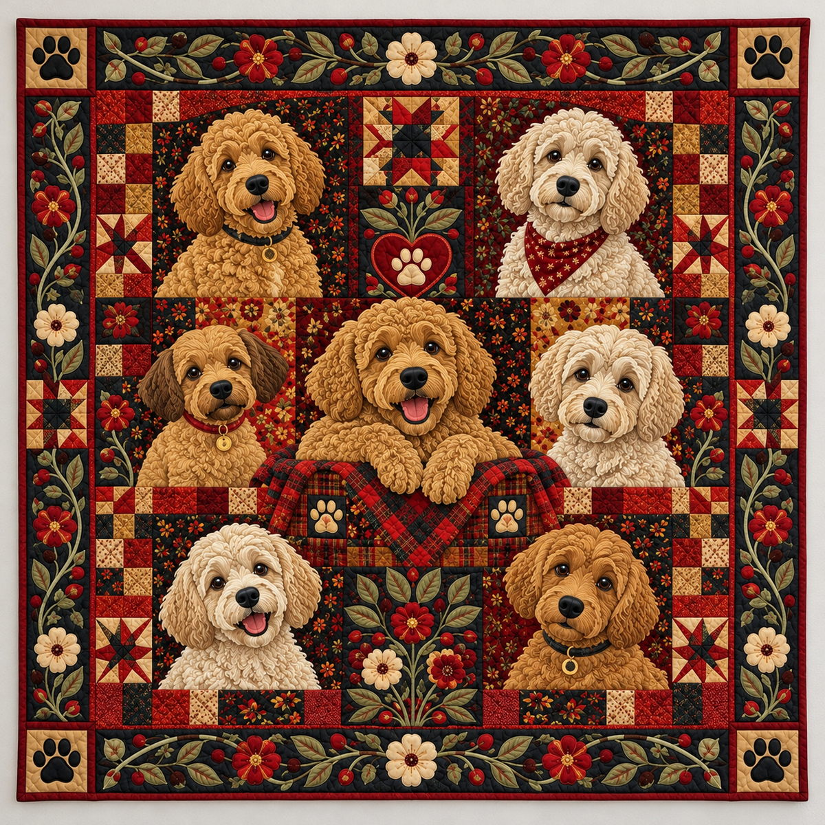 Curly Haired Dogs In Burgundy Patchwork TD141026219 Quilt Blanket