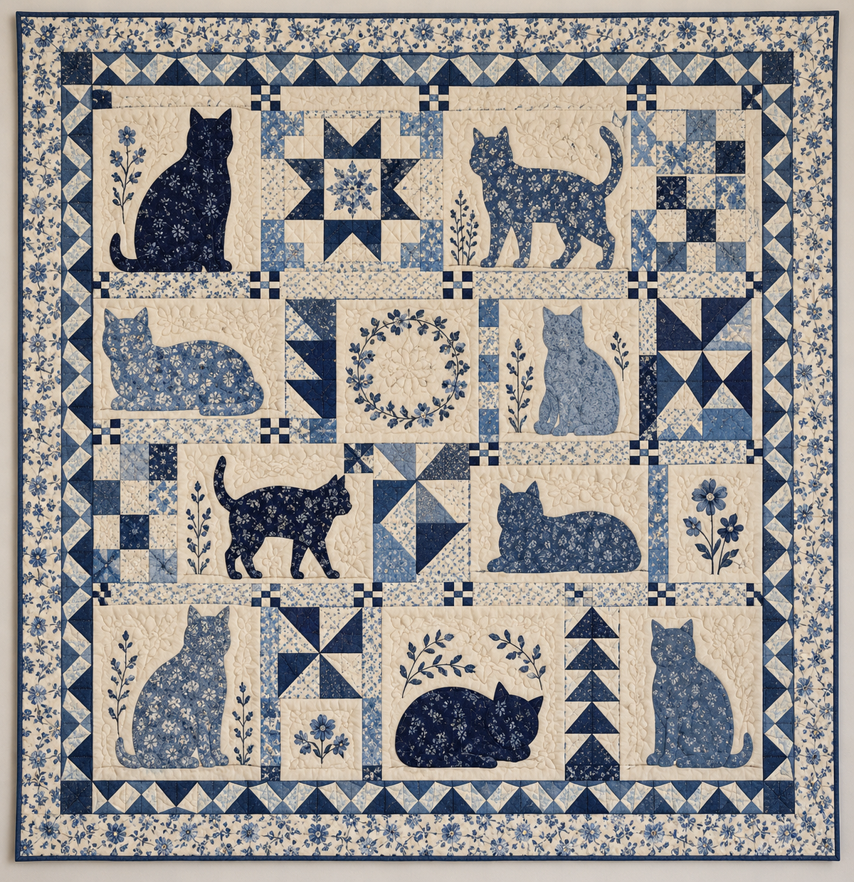 Blue And Cream Cat Silhouettes TD141026229 Quilt Blanket