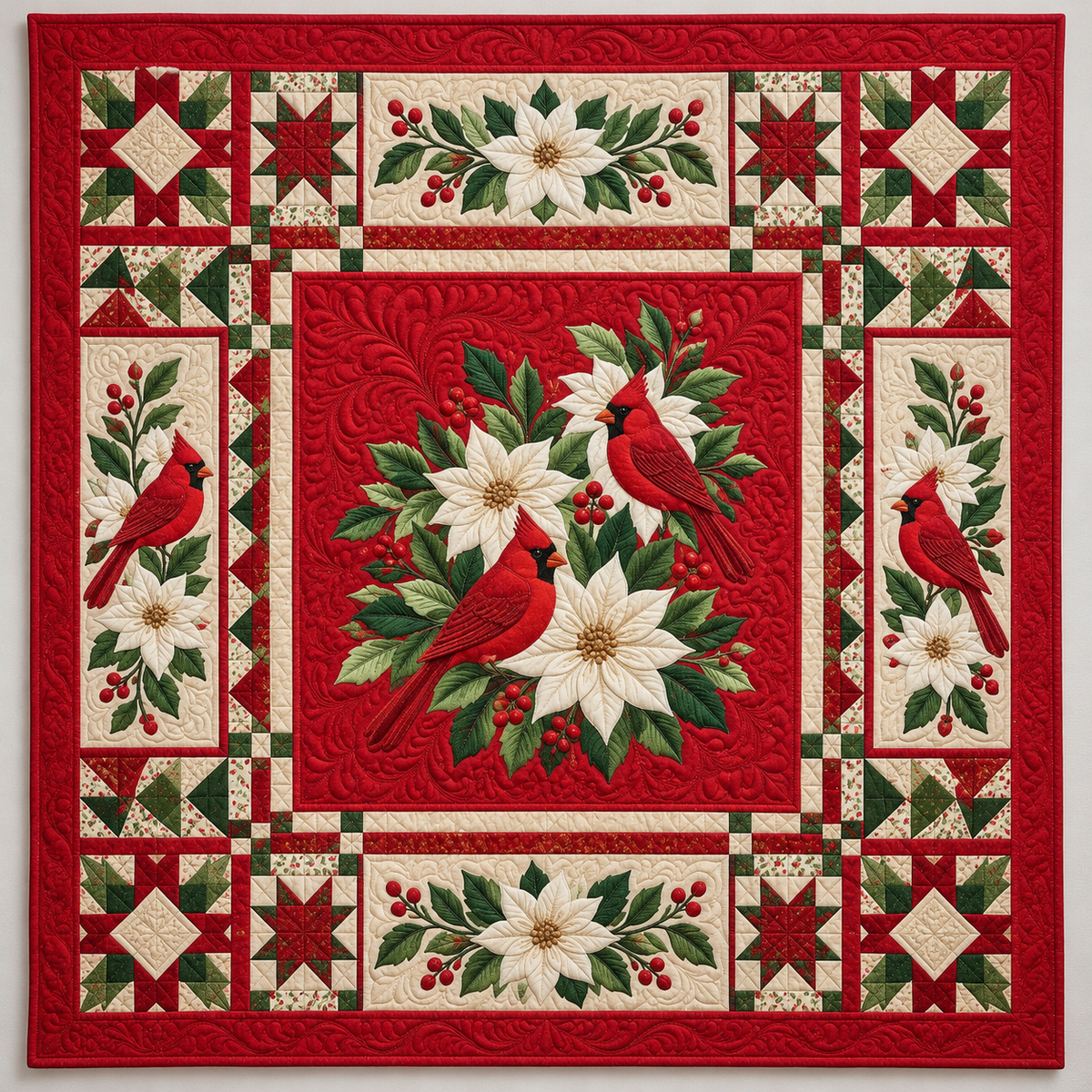 Cardinals And White Flowers On Red TD141026256 Quilt Blanket