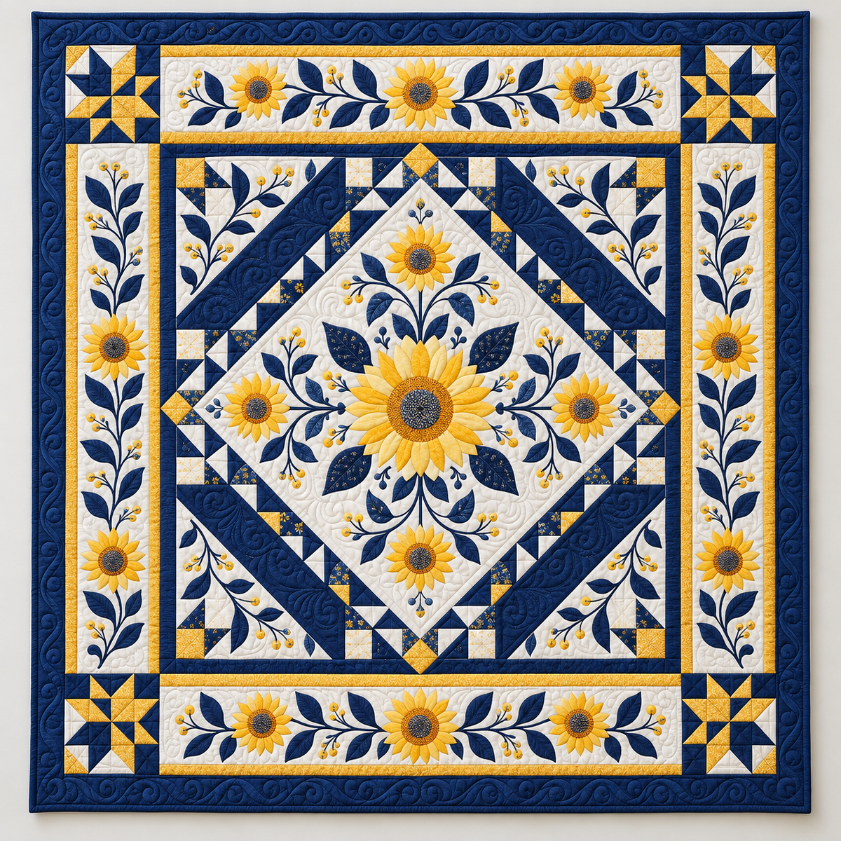 Sunflowers And Navy Botanical Panels TD141026272 Quilt Blanket