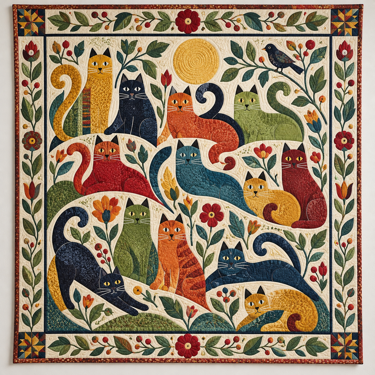 Earth Tone Folk Art Cat Parade TD141026279 Quilt Blanket