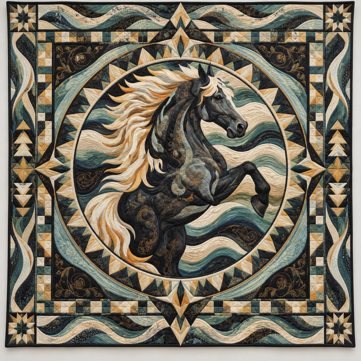 Rearing Horse And Teal Waves TD141026287 Quilt Blanket