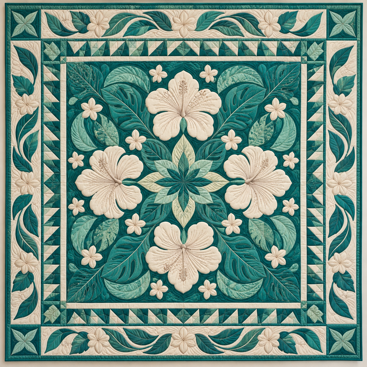 Cream Hibiscus On Tropical Teal TD141026296 Quilt Blanket