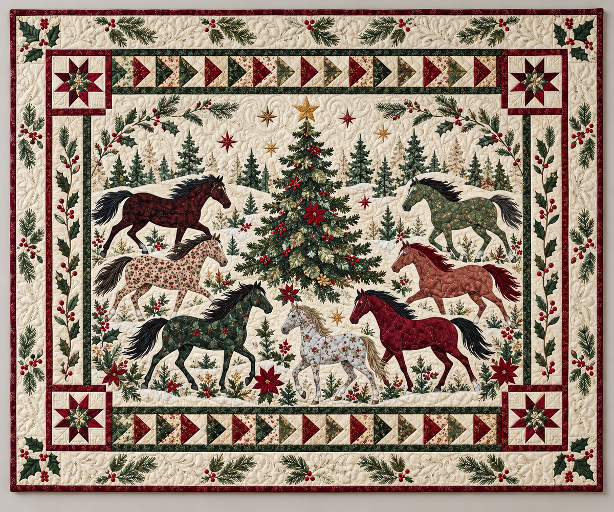 Horses And Winter Evergreen Sprigs TD141026306 Quilt Blanket