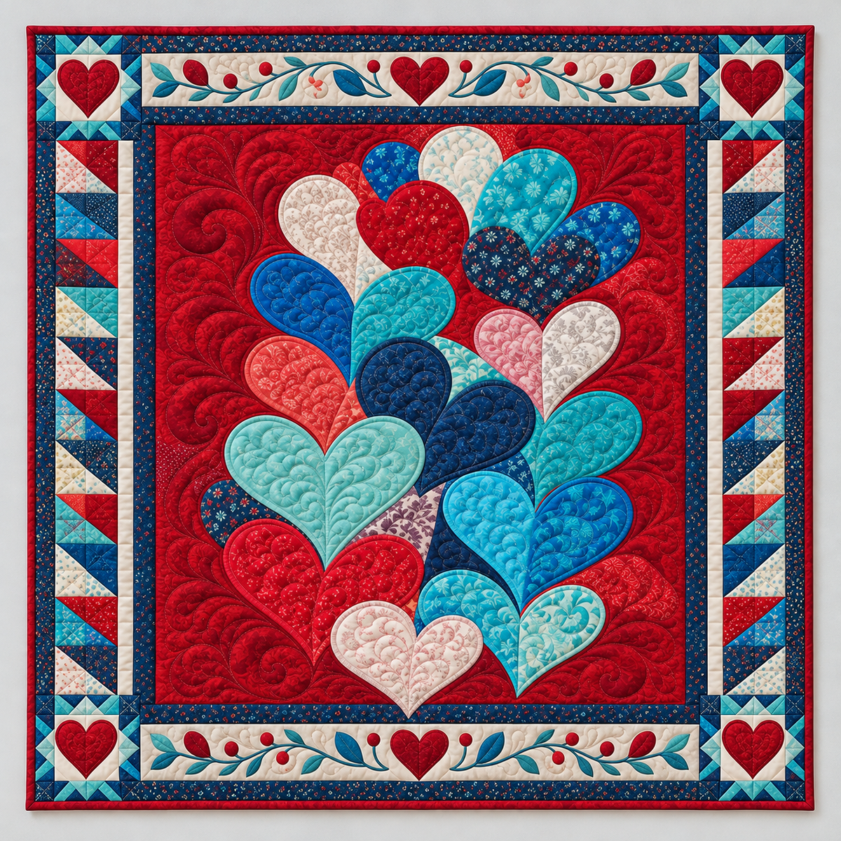 Red And Turquoise Heart Cascade TD141026345 Quilt Blanket