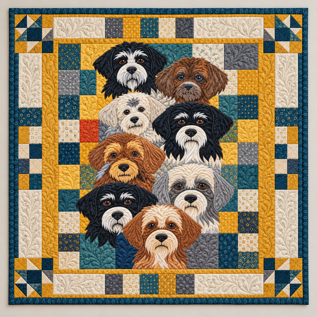Shaggy Dogs In Teal And Mustard TD141026353 Quilt Blanket