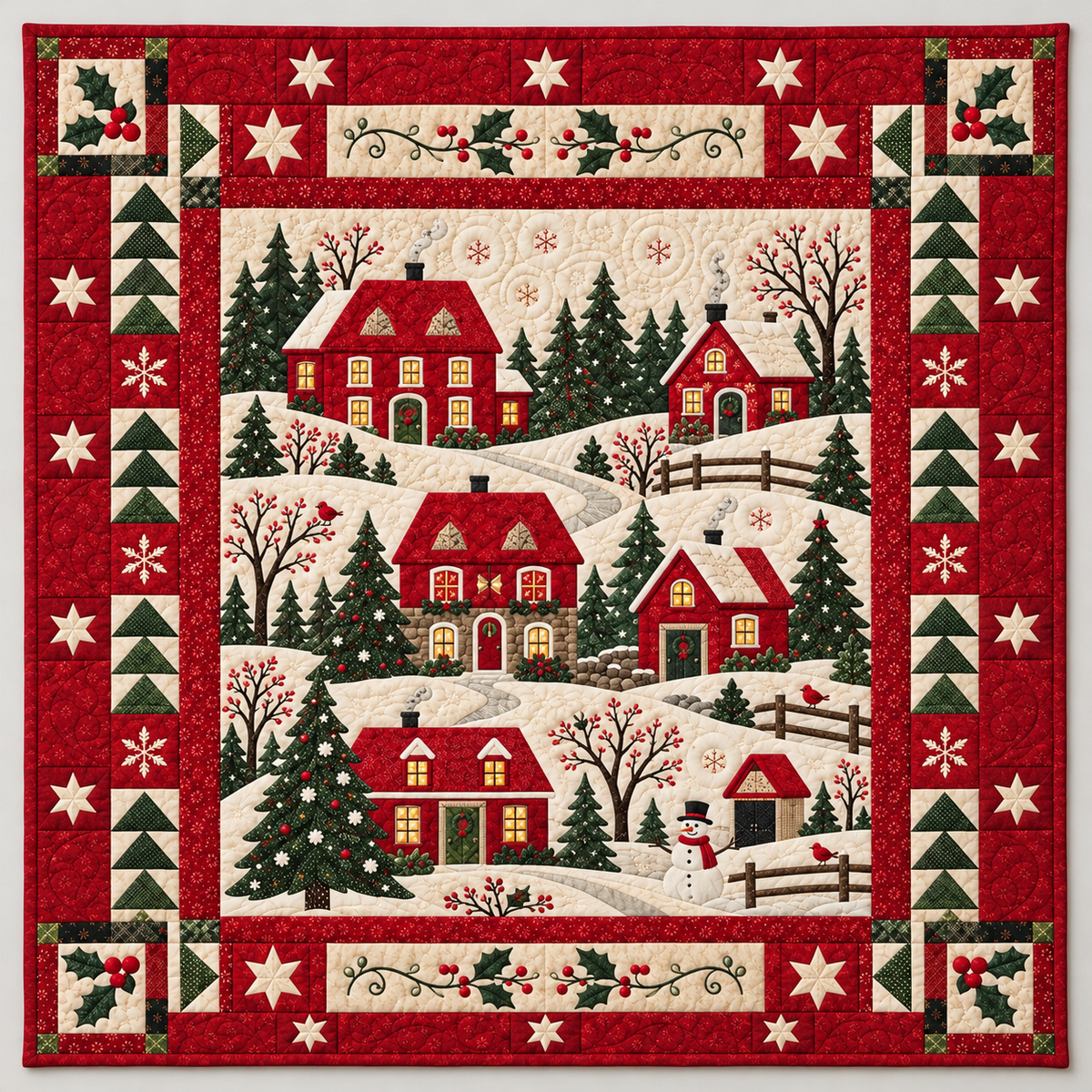Snowy Red Houses And Evergreen Trees TD141026376 Quilt Blanket