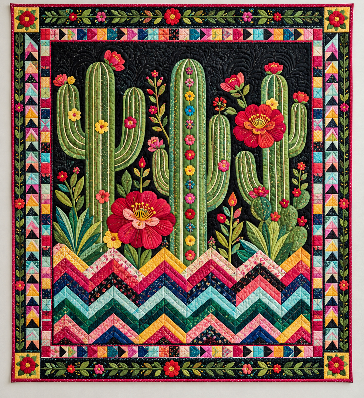 Flowering Cacti And Rainbow Zigzags TD141026402 Quilt Blanket