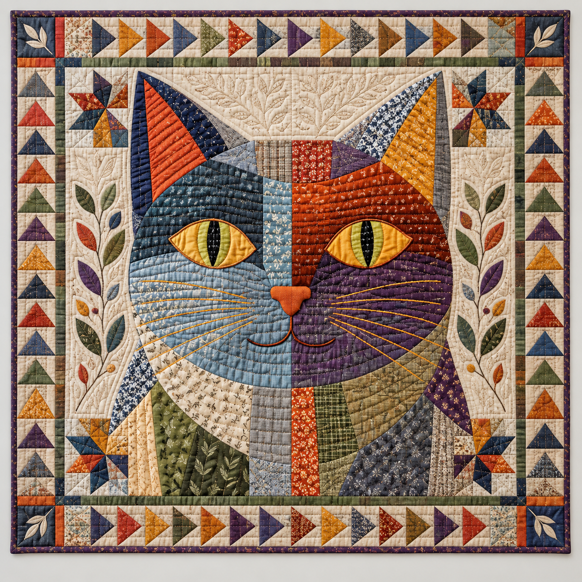 Golden Eyed Patchwork Cat Portrait TD141026417 Quilt Blanket