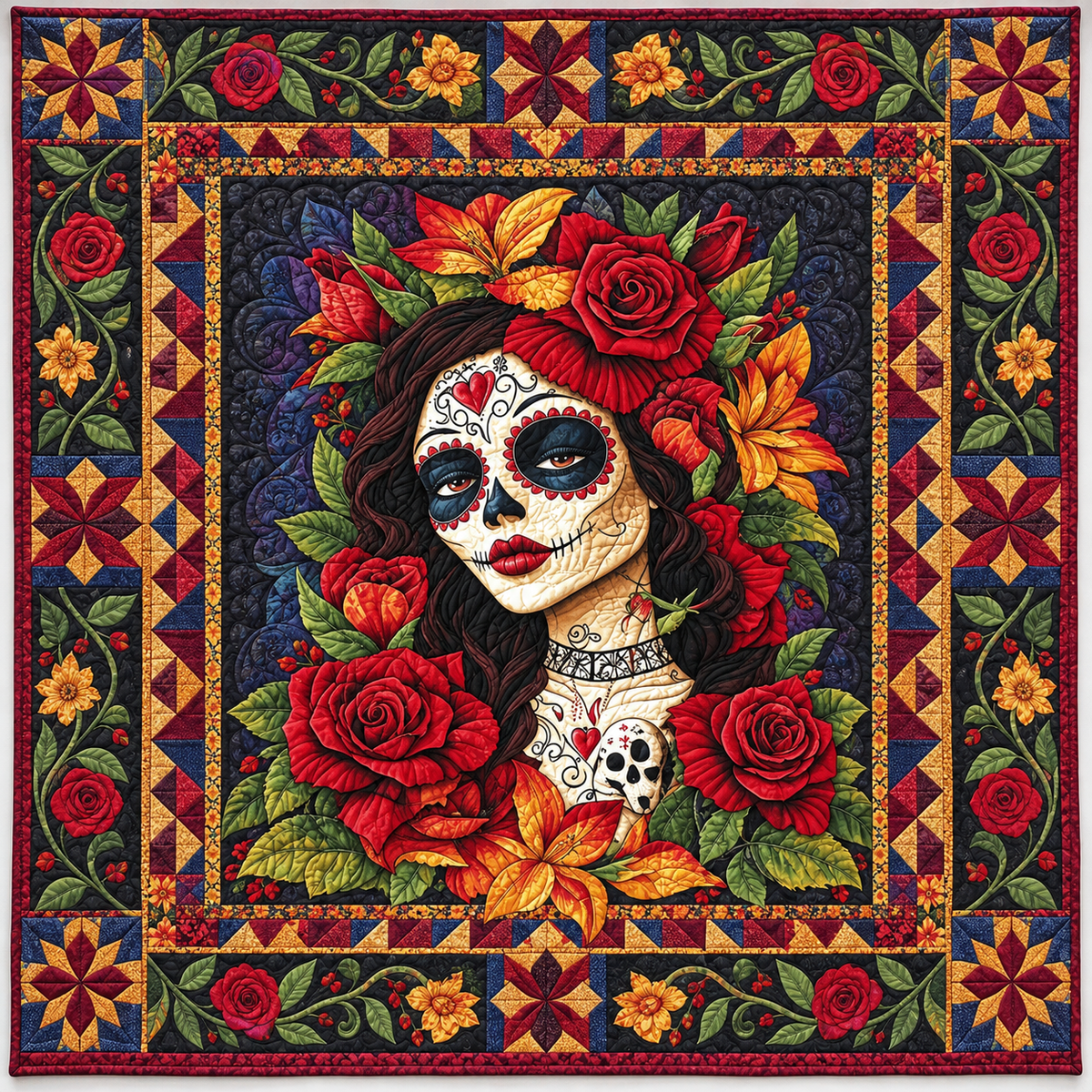 Floral Sugar Skull Portrait TD141026983 Quilt Blanket