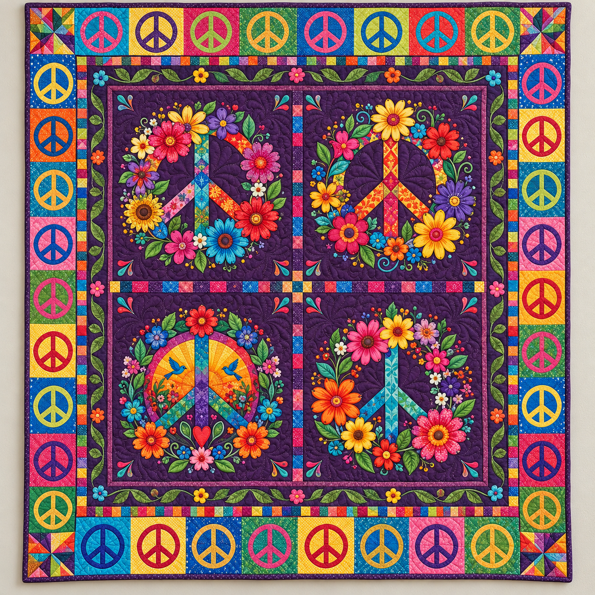 Rainbow Floral Peace Symbols TD141026490 Quilt Blanket