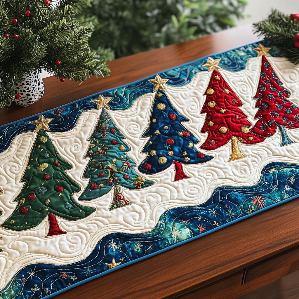 Christmas Tree Starfield Quilted Table Runner NCU0HNH742