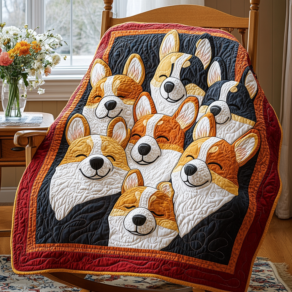 Corgi Flowered Path Quilted Blanket NCU0DK1566