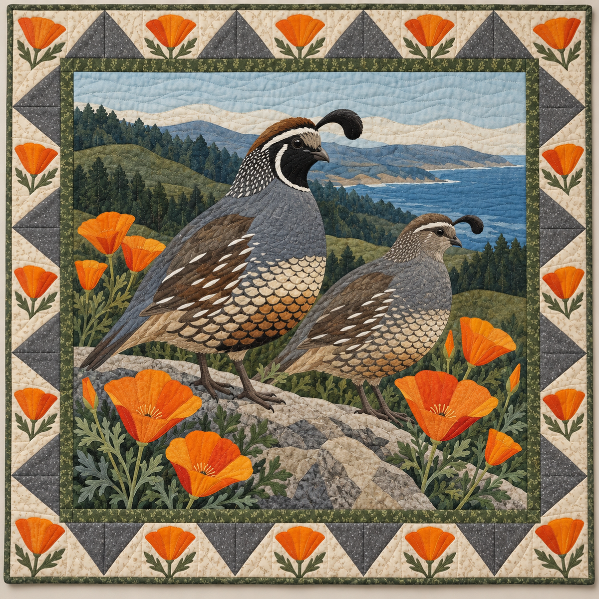 California Quail in the Golden Garden quilt blanket
