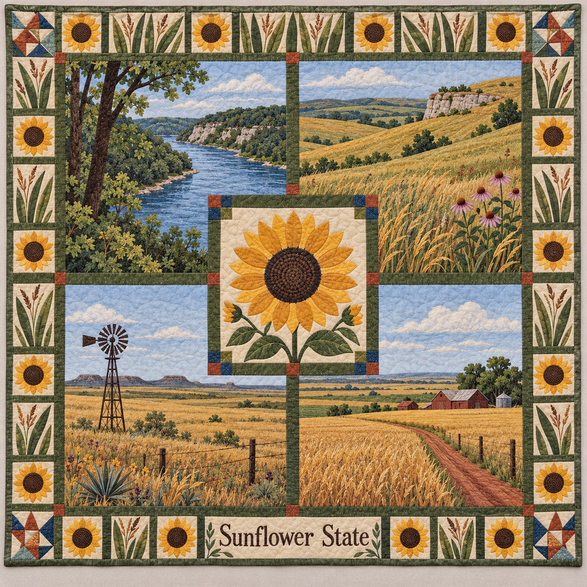 Kansas Sunflower State Sampler quilt blanket