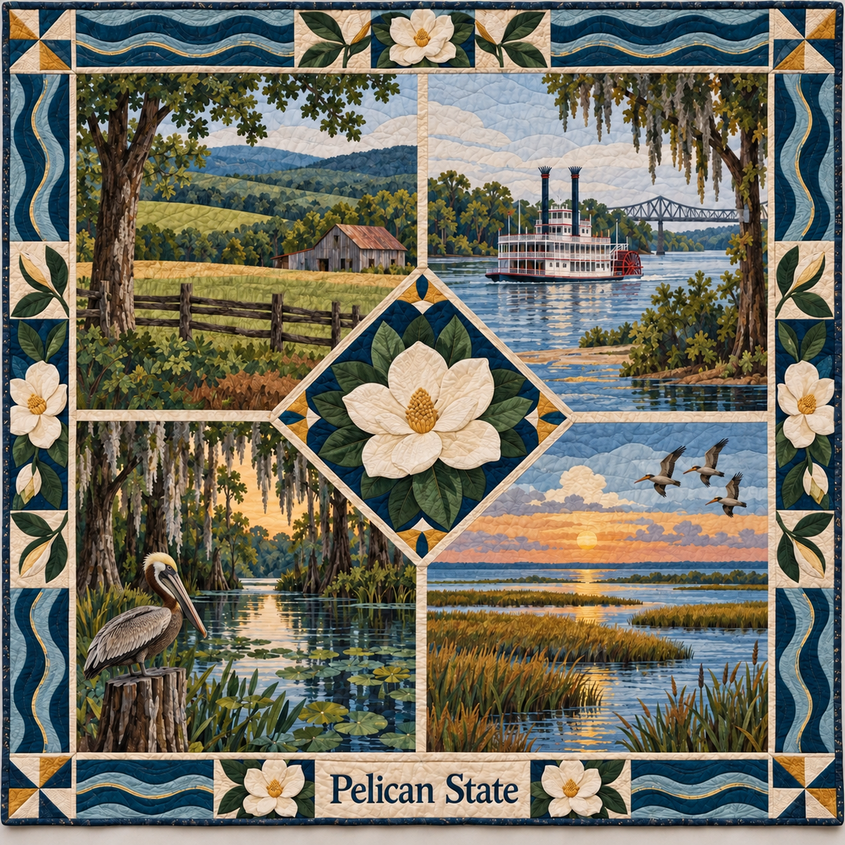 Louisiana Pelican State Sampler quilt blanket