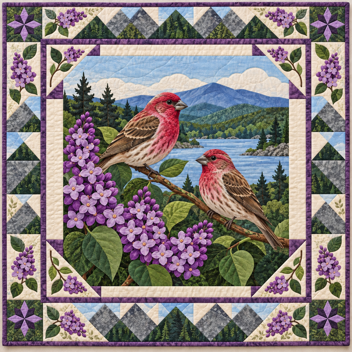 New Hampshire Finch in the Lilac Garden quilt blanket