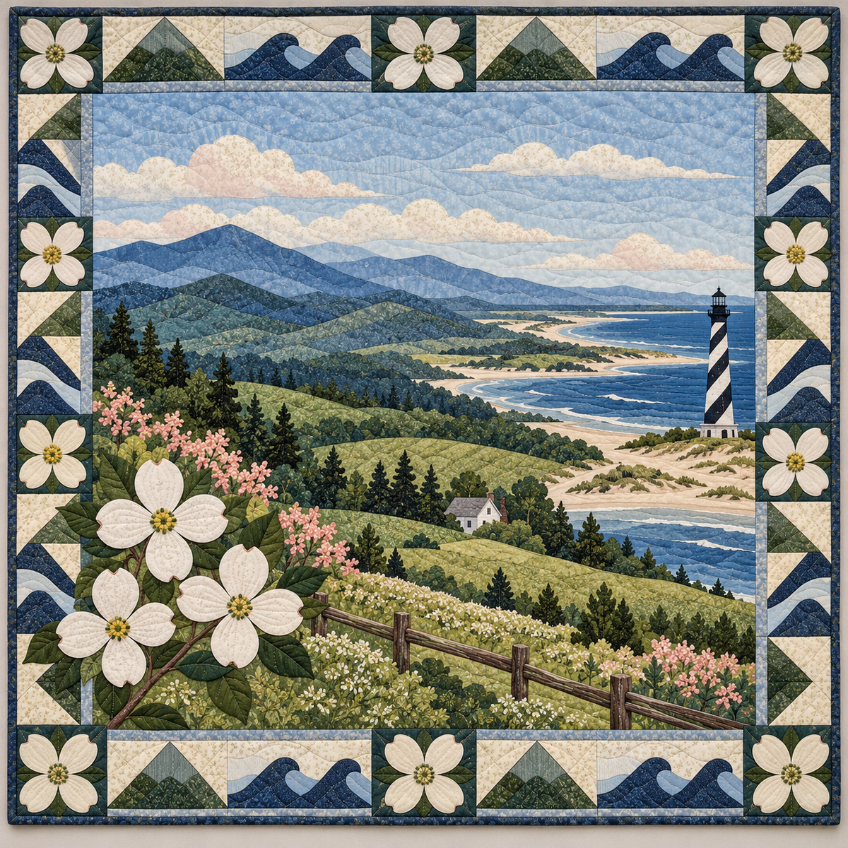 North Carolina Dogwood Ridge to Sound quilt blanket