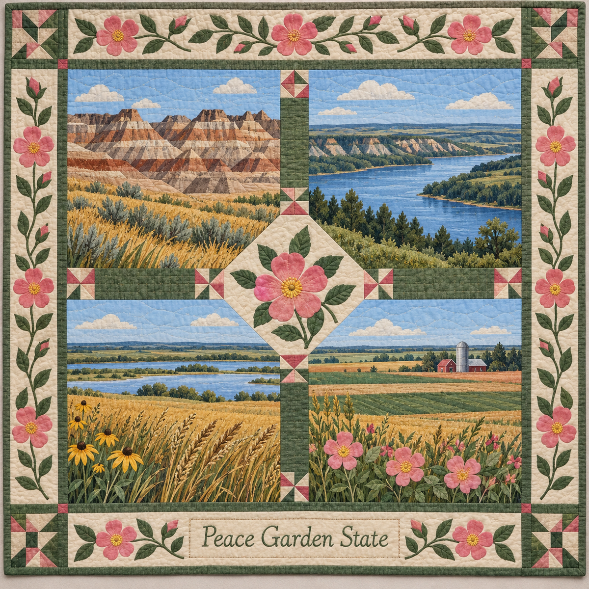 North Dakota Peace Garden State Sampler quilt blanket