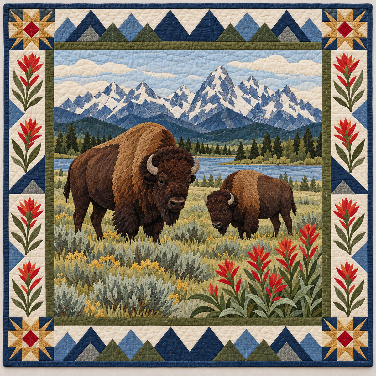 Wyoming Bison beneath the Tetons quilt blanket