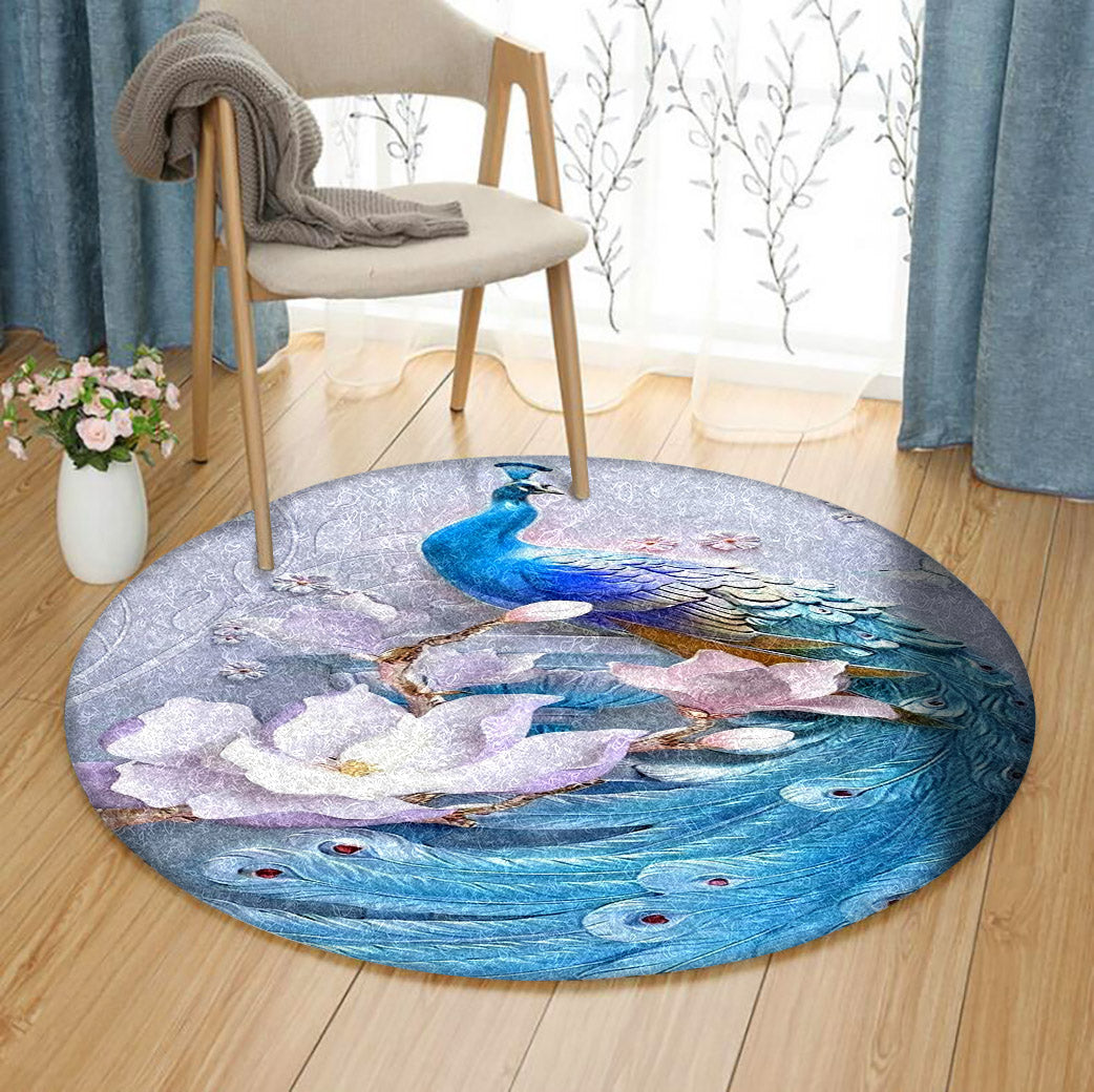 3d Blue Peacock HN1111183RR Round Area Rug