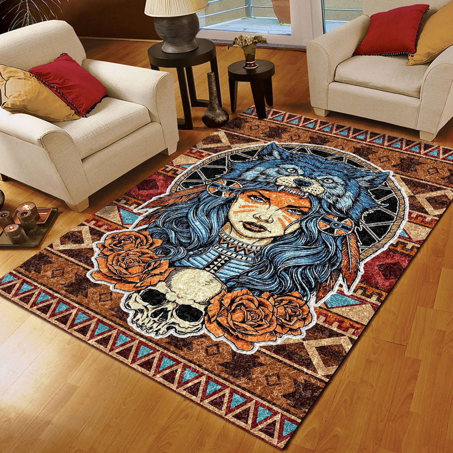American Native Girl With Wolf HN2808004R Rug