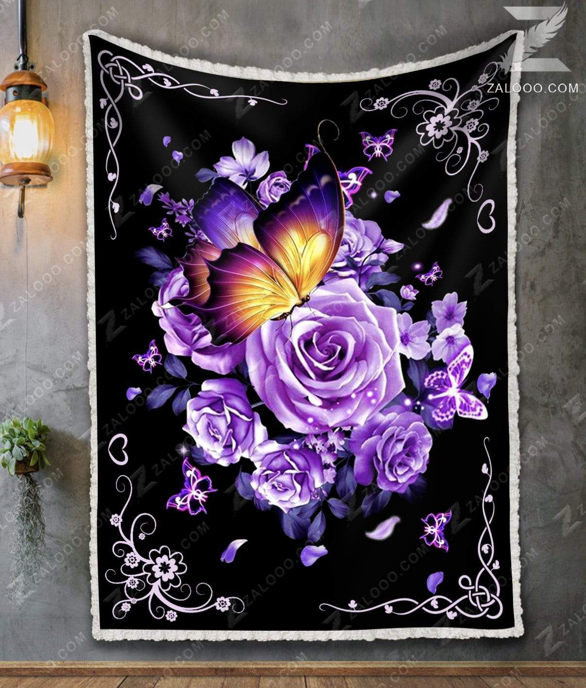 Butterfly And Purple Rose Flower CL26110086MDF Sherpa Fleece Blanket