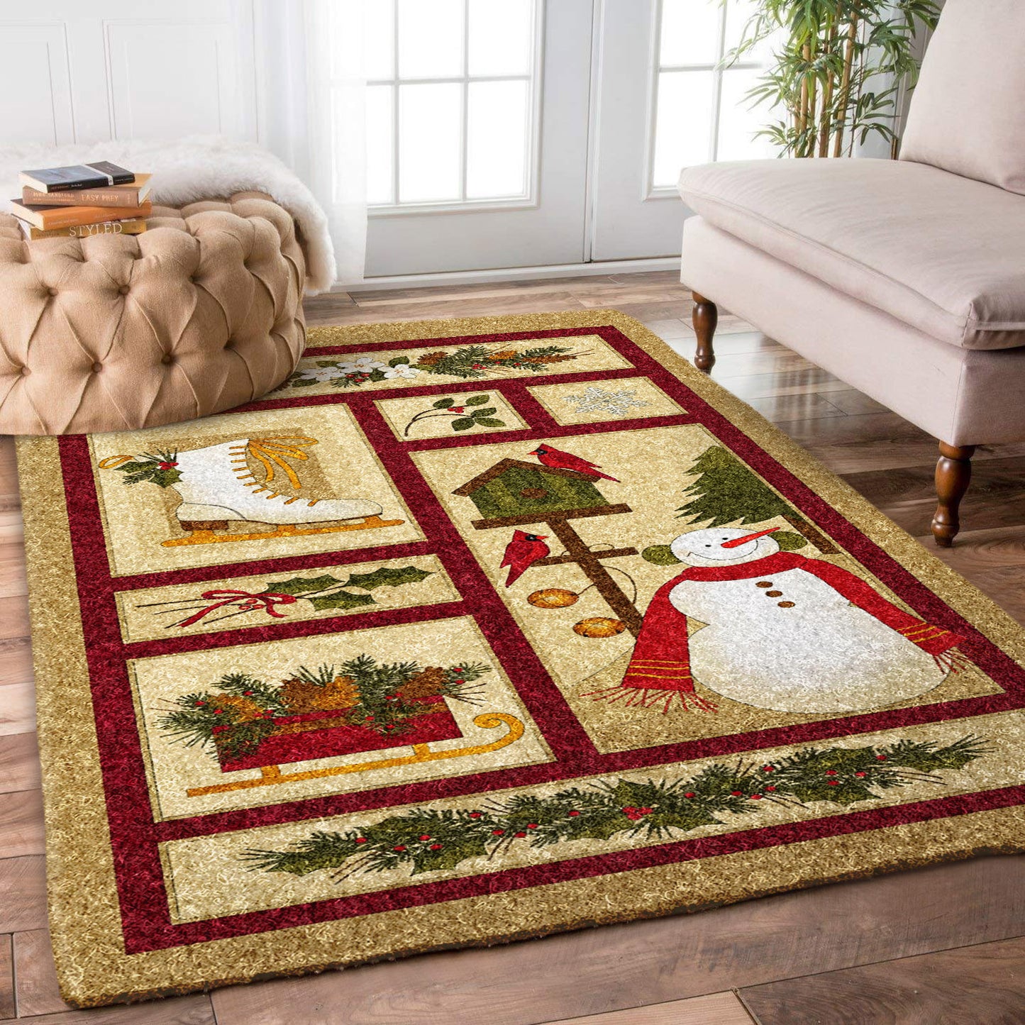 Christmas Snowman Boot Bird Snow Flower Pine Tree NT0510064R Rug