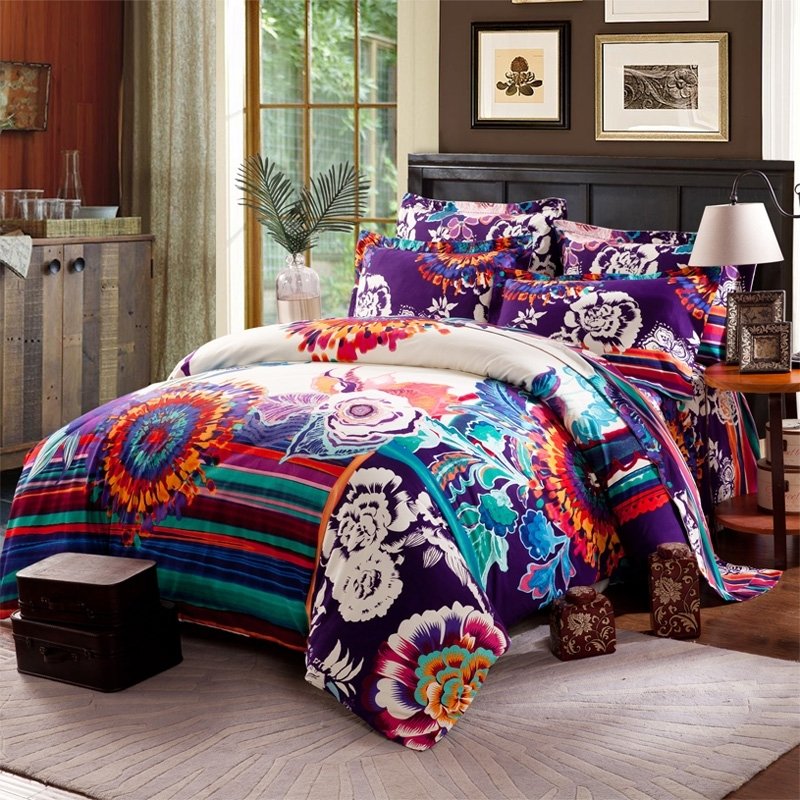 Eggplant Purple Turquoise And Rust Orange Trippy Bohemian Style Exotic Abstract CLA1210195B Bedding Sets