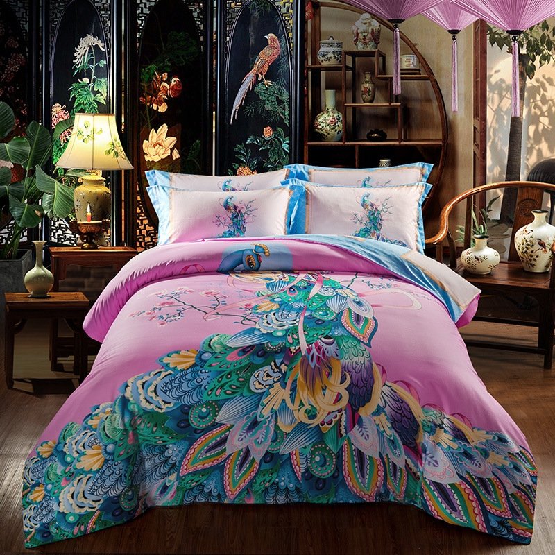 Fancy Blue Yellow Purple And Pink Peacock Print Beautifully Exotic Elegant CLA1210206B Bedding Sets