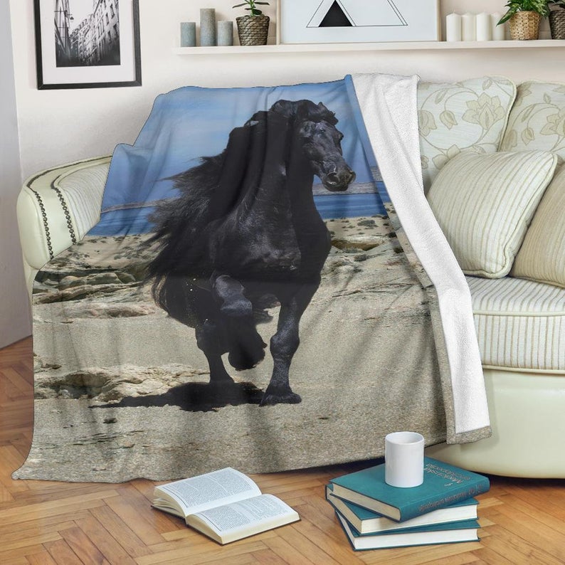 Gorgeous Black Friesian Horse On Beach CLA0510152F Sherpa Fleece Blanket