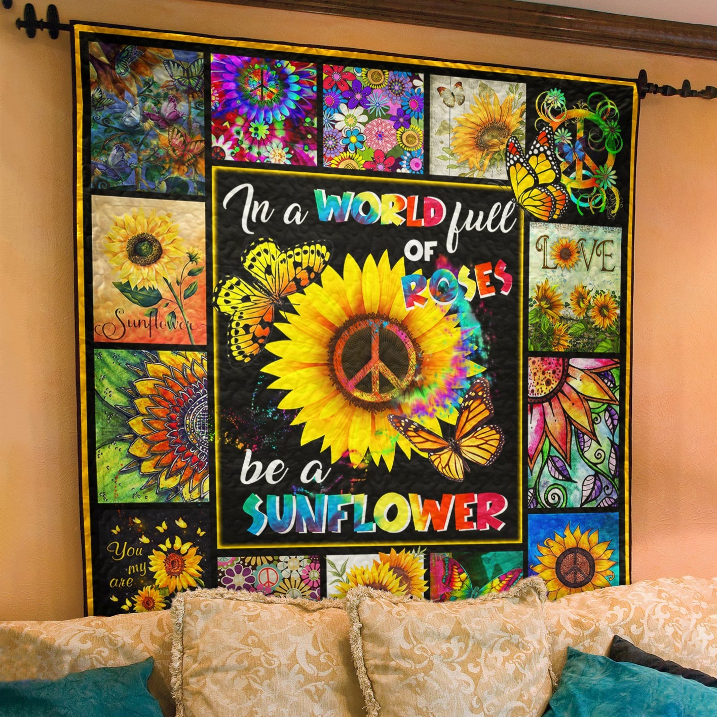 Hippie In The World Full Of Rose Be A Sunflower Quilt Blanket TL280602Y