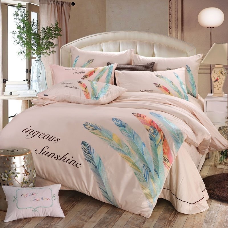 Pale Pink Peacock Blue And Orange Feather Pattern Monogrammed Hipster Style CLA1210356B Bedding Sets