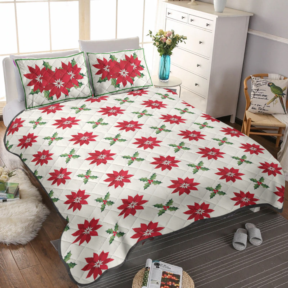Poinsettia And Holly Christmas CLH2110122B Quilt Bedding Set