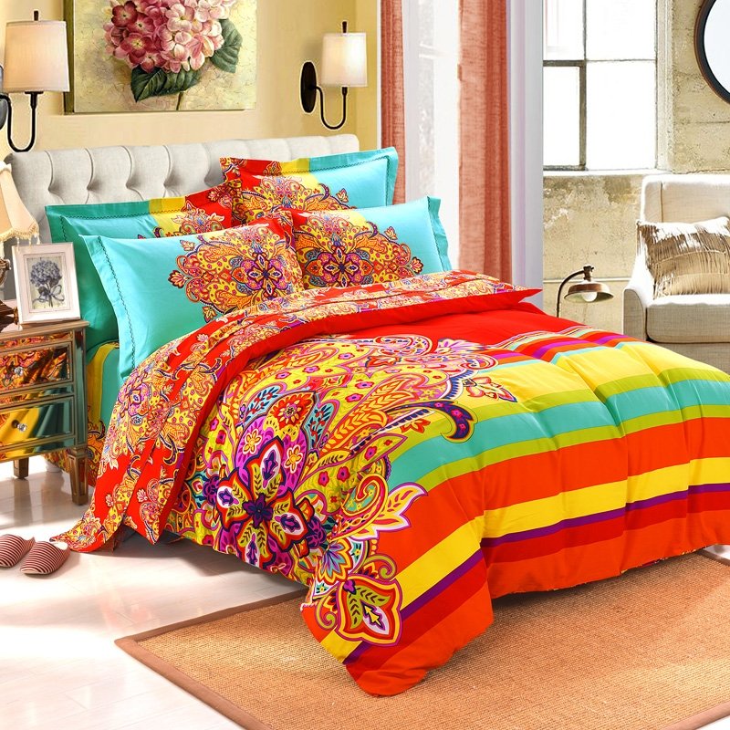 Red Yellow And Light Turquoise Colorful Exotic Bohemian Style Western Paisley Unique CLA1210390B Bedding Sets