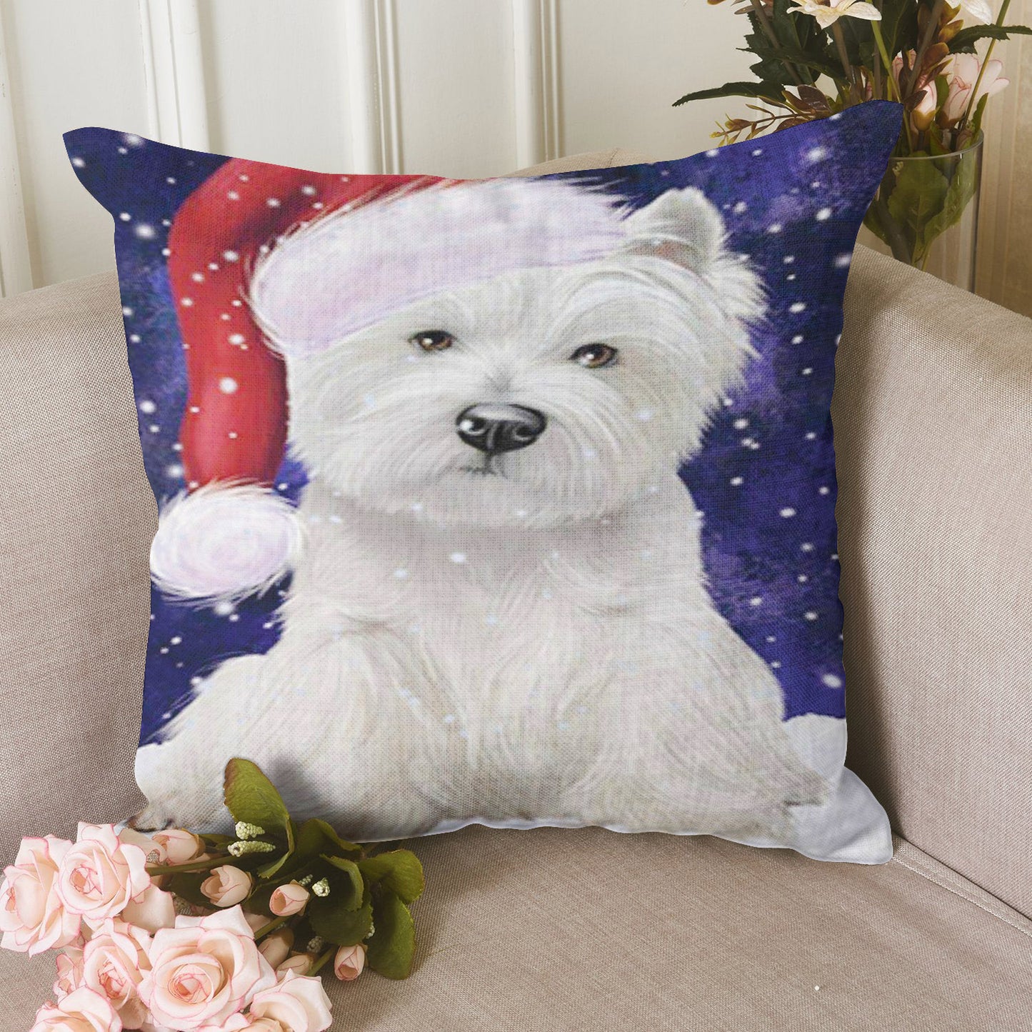 Snow Christmas Holiday West Highland White Terrier Dog Wearing Santa Hat CL18113451MDP Throw Pillow Covers