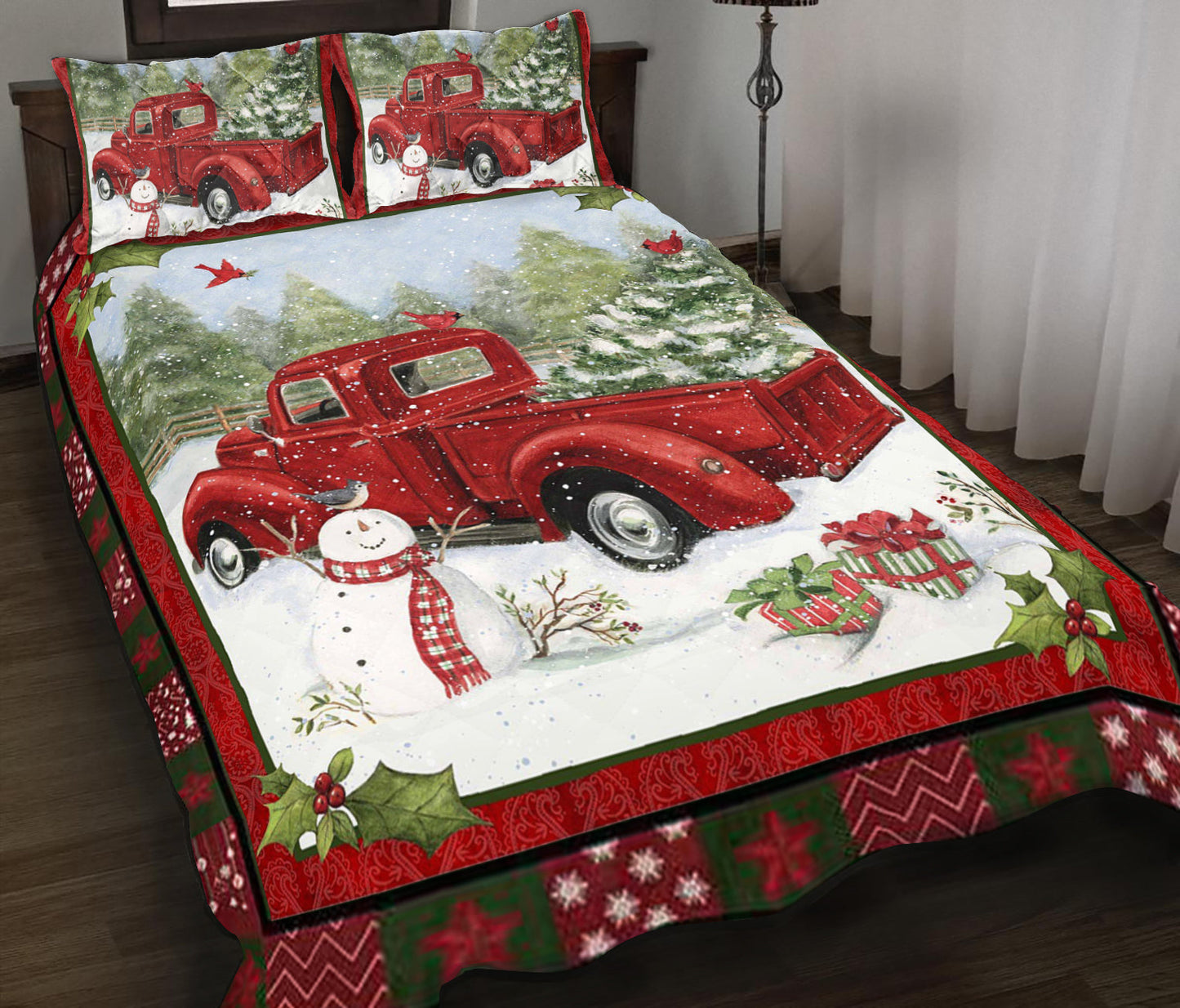Vintage Red Truck Christmas Quilt Bedding Set MT1309006