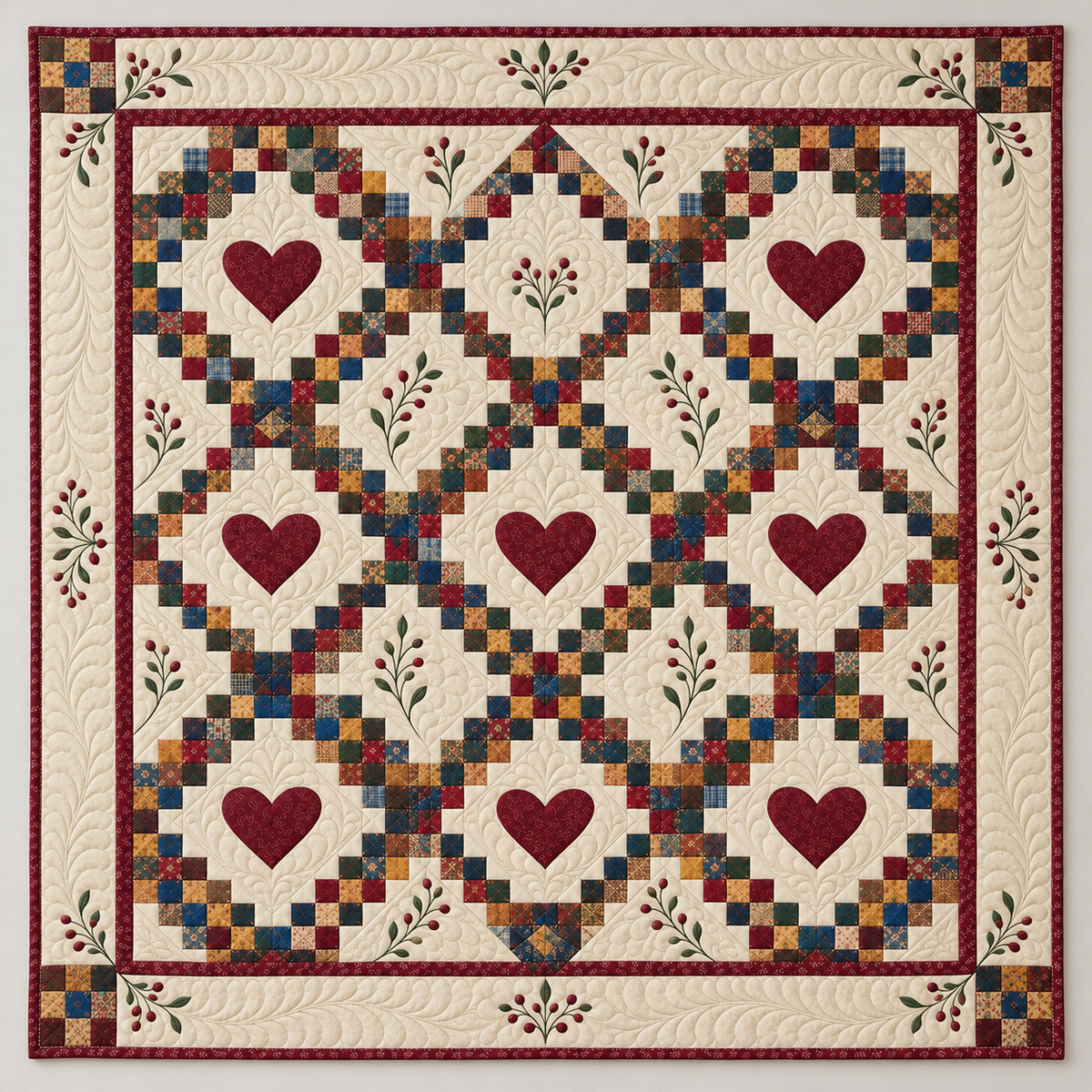 Burgundy Hearts And Scrappy Chains TD141026013 Quilt Blanket