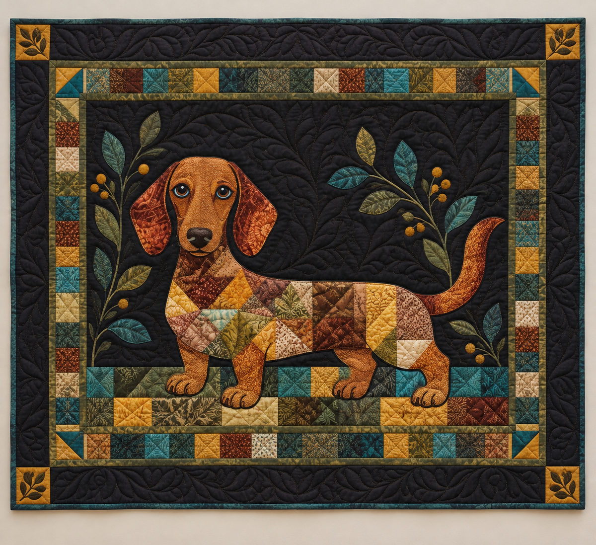 Dachshund In Earth Tone Patchwork TD141026042 Quilt Blanket
