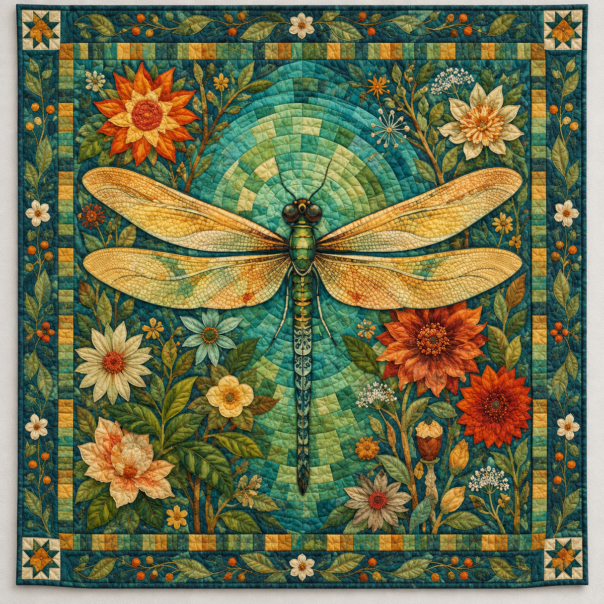 Golden Dragonfly In Teal Garden TD141026044 Quilt Blanket